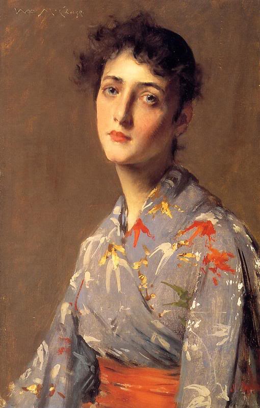 Girl in a Japanese Kimono - William Merritt Chase Tablo