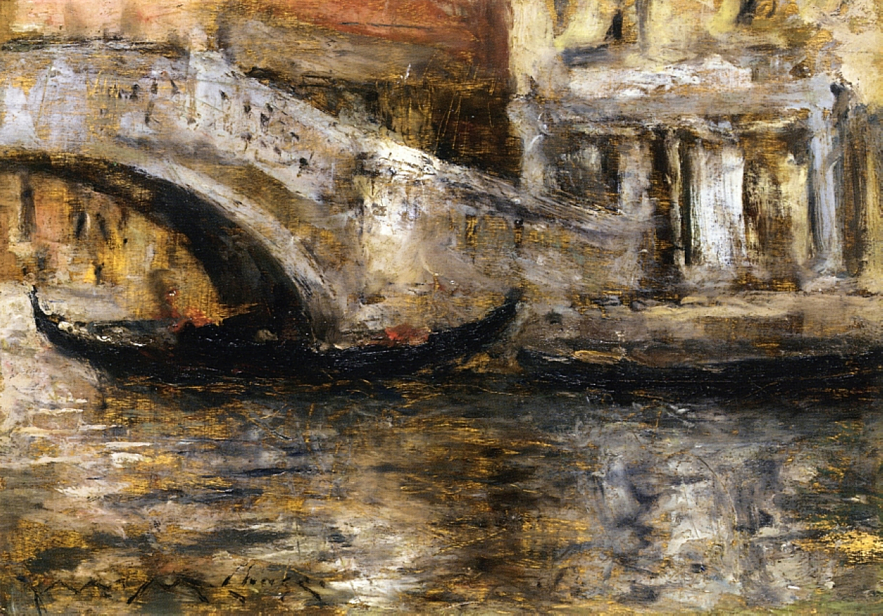 Gondolas along Venetian Canal (aka Gondola in Venice) (1913) - William Merritt Chase Tablo