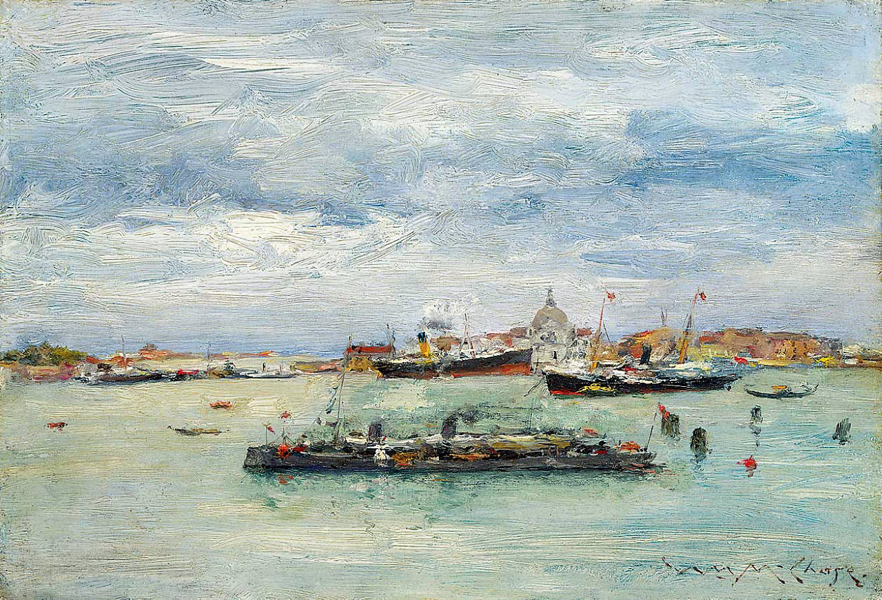 Gray Day on the Lagoon (A Passenger Boat - Venice) (1913) - William Merritt Chase Tablo