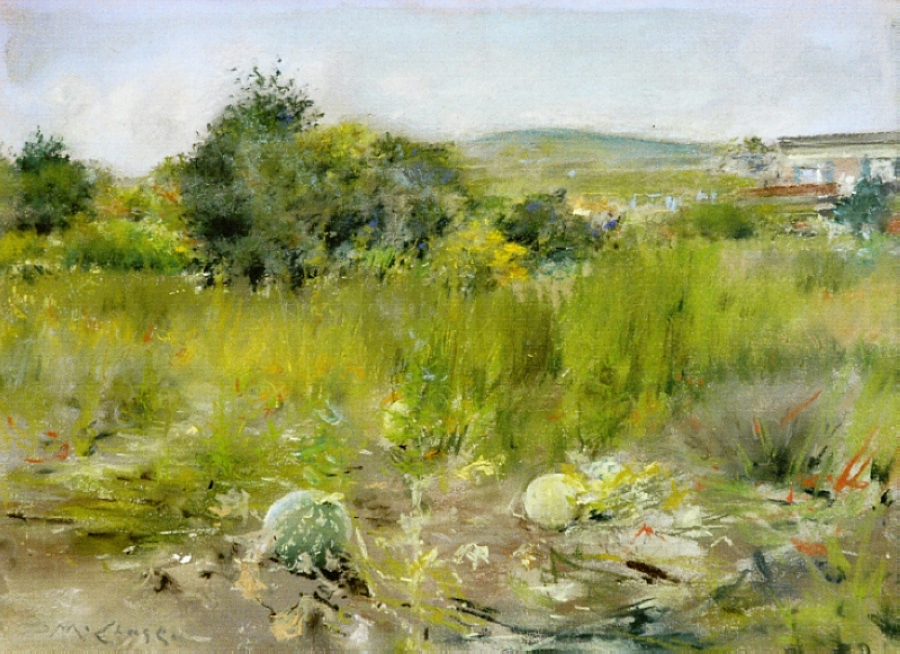 In the Garden (aka A Squatter's Hut, Flatbush or The Old Garden) (1885) - William Merritt Chase Tablo