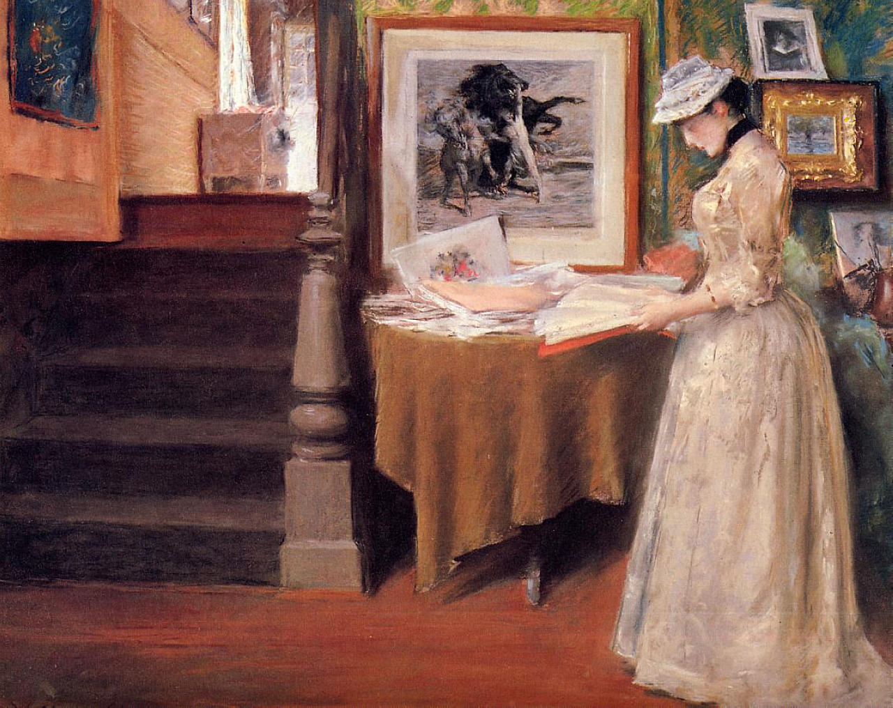 Interior, Young Woman at a Table (1892) - William Merritt Chase Tablo