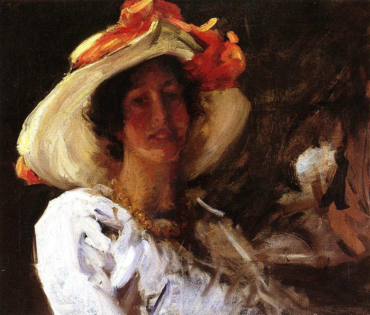 Portrait of Clara Stephens Wearing a Hat with an Orange Ribbon (1913) - William Merritt Chase Tablo