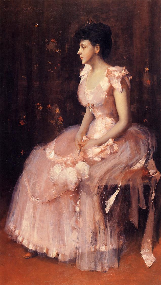 Portrait of a Lady in Pink (aka Lady in Pink Portrait of Mrs. Leslie Cotton) (1888) - William Merritt Chase Tablo