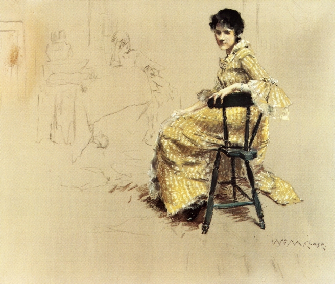 Seated Woman in Yello Striped Gown (1885) – William Merritt Chase Tablo