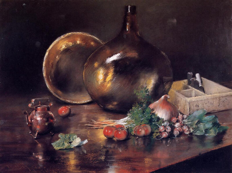 Still Life Brass and Glass (1888) - William Merritt Chase Tablo