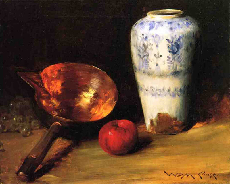 Still Life with China Vase, Copper Pot, an Apple and a Bunch of Grapes - William Merritt Chase Tablo