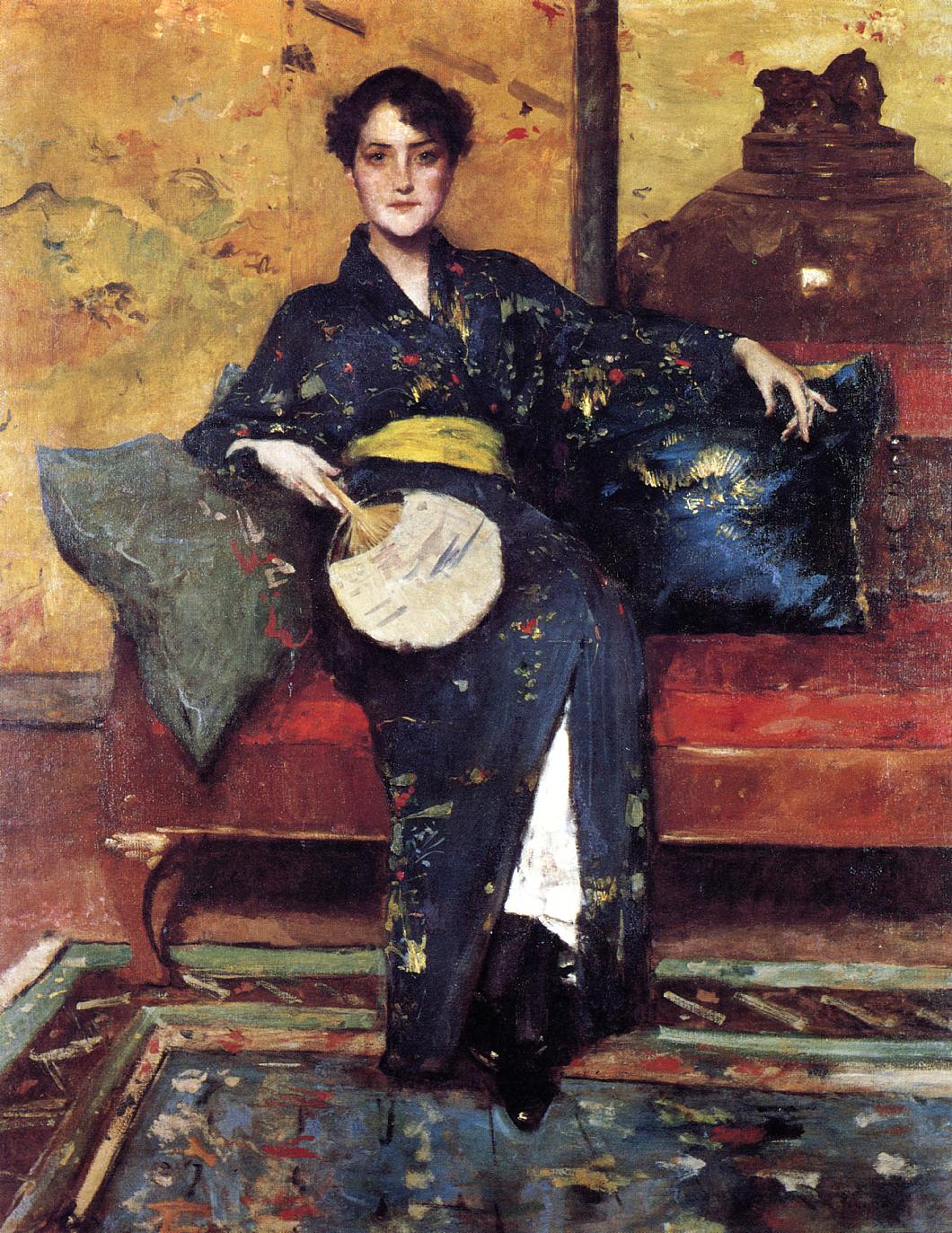The Blue Kimono, aka Girl in Blue Kimono (1898) - William Merritt Chase Tablo