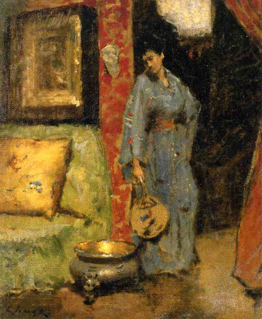 Woman in Kimono Holding a Japanese Fan - William Merritt Chase Tablo