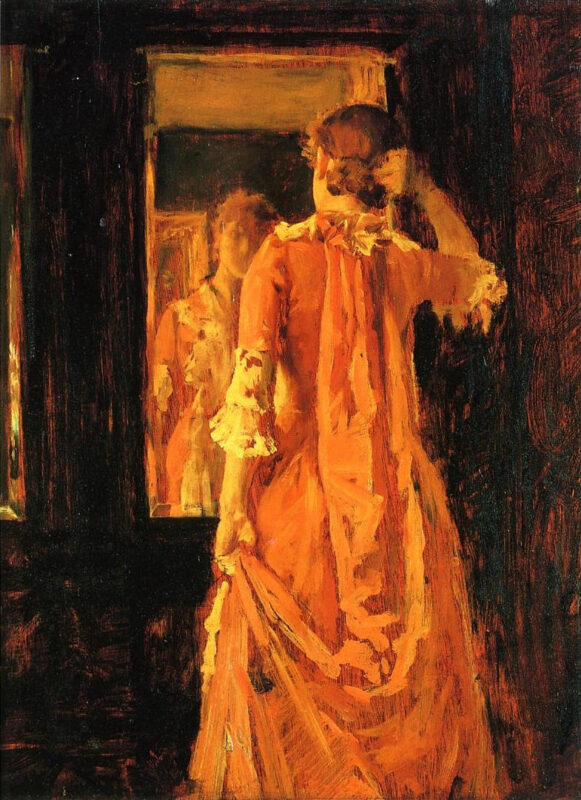 Young Woman Before a Mirror (1887) – William Merritt Chase Tablo