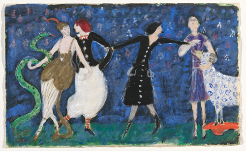 Euridice and her Snake, Two Tango Dancers and St. Francis. Costume design for the artist's ballet Or (1912) - Florine Stettheimer Tablo