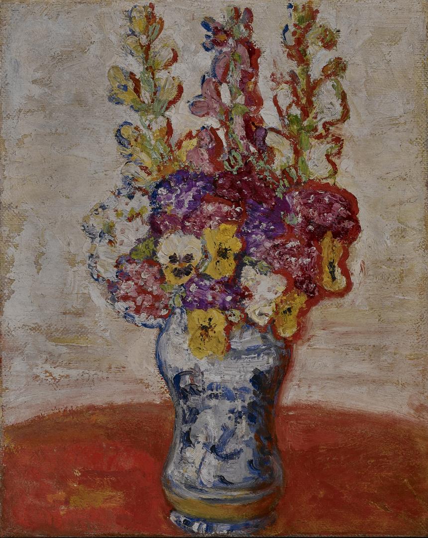 Flowers in Blue and White Vase on Orange Table (1915) - Florine Stettheimer Tablo