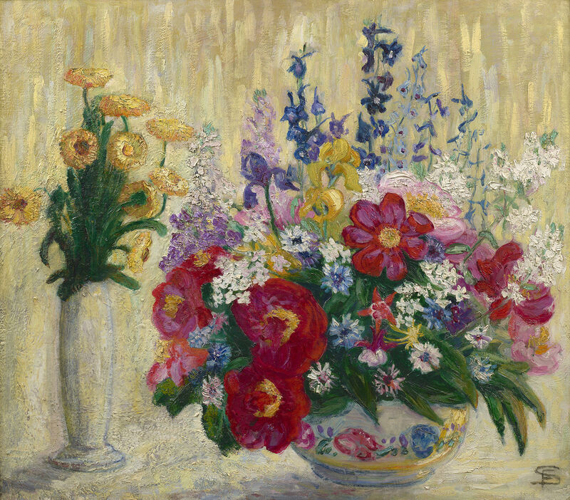 Marigolds, Rose Peonies, Purple Delphiniums, & Gold Iris (1915) - Florine Stettheimer Tablo
