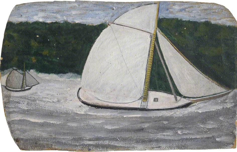 Boat with a Yellow Mast in Full Sail - Alfred Wallis Tablo