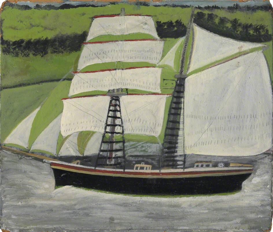 Brigantine Sailing Past Green Fields - Alfred Wallis Tablo