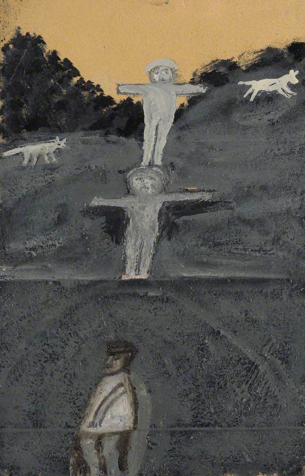 Crucifixion or Allegory with Three Figures and Two Dogs (1934) - Alfred Wallis Tablo