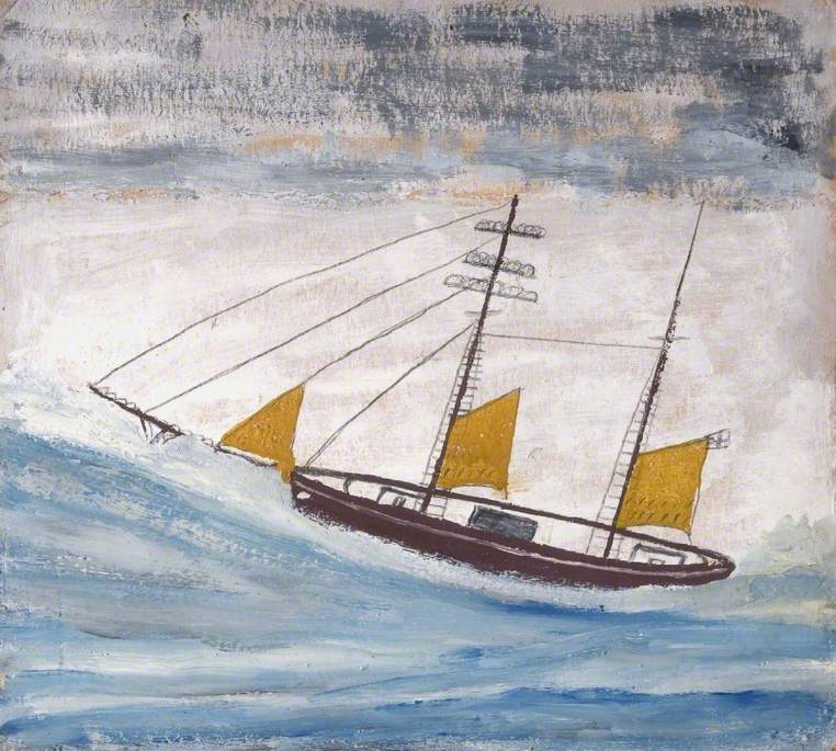 Fishing Boat with Two Masts and Yellow Sails (1920) - Alfred Wallis Tablo