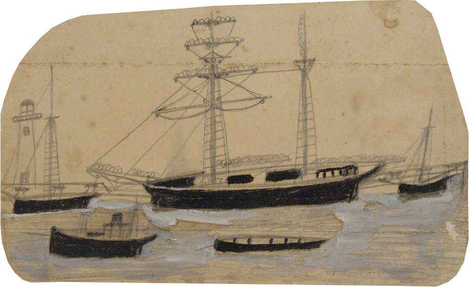 Five Ships in Port with Lighthouse - Alfred Wallis Tablo