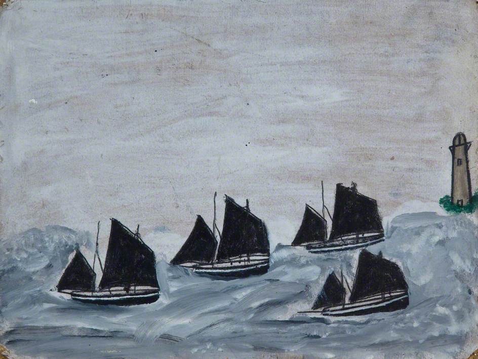 Four Boats by a Lighthouse - Alfred Wallis Tablo