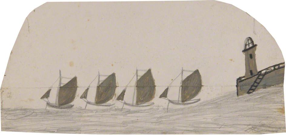 Four Sailing Boats Leaving Pier with Lighthouse - Alfred Wallis Tablo