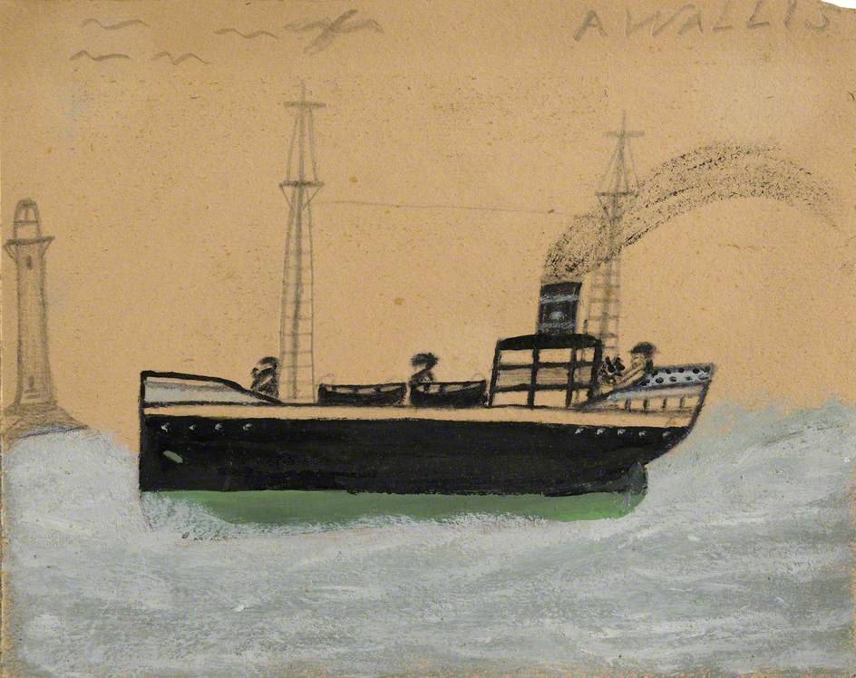 Green and Black Steamer, Lighthouse and Seagulls - Alfred Wallis Tablo