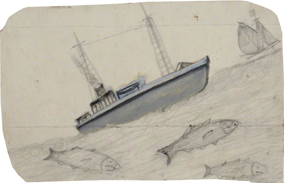 Grey Steamboat, Sailing Ship and Three Fish with Teeth - Alfred Wallis Tablo