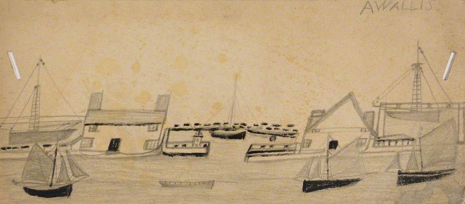 Houses Either Side of Port Entrance and Seven Boats - Alfred Wallis Tablo