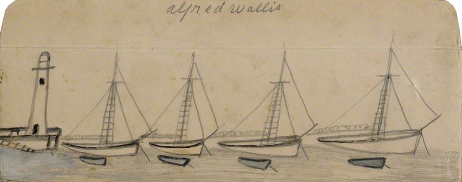 Lighthouse, Four Moored Sail Boats and Rowing Boats - Alfred Wallis Tablo