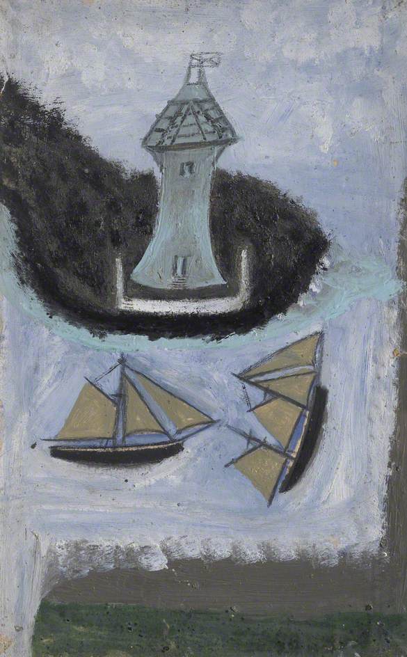 Lighthouse and Two Sailing Ships - Alfred Wallis Tablo