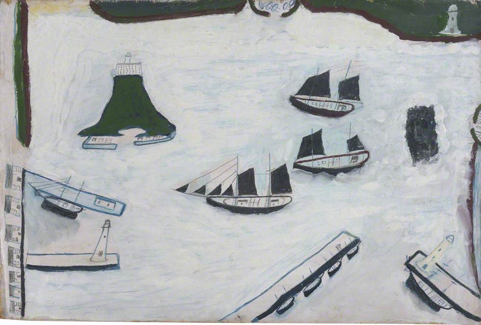 Mount's Bay with Four Lighthouses - Alfred Wallis Tablo