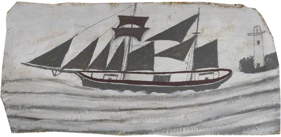 Schooner in Full Sail near a Lighthouse (1928) - Alfred Wallis Tablo