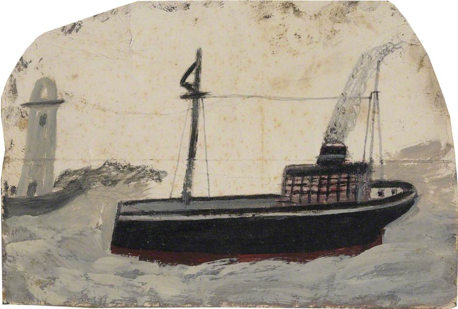 Small Black Steamer with Lighthouse – Alfred Wallis Tablo