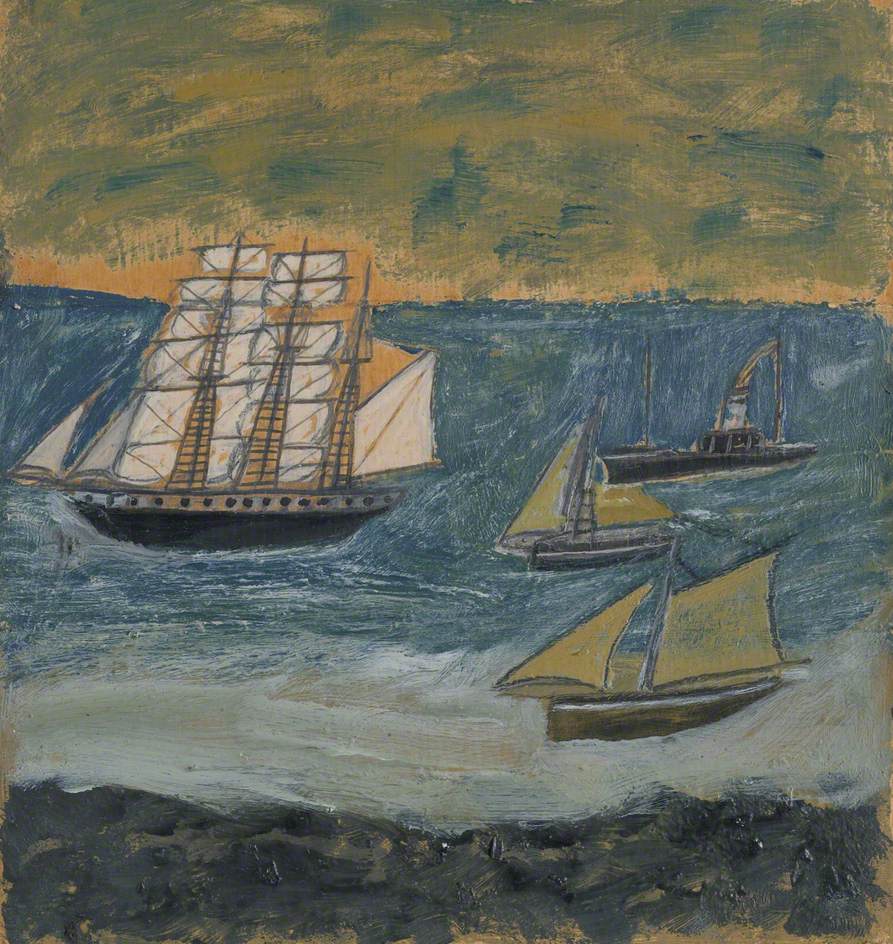 Three Masted Barque with Three Small Ships - Alfred Wallis Tablo