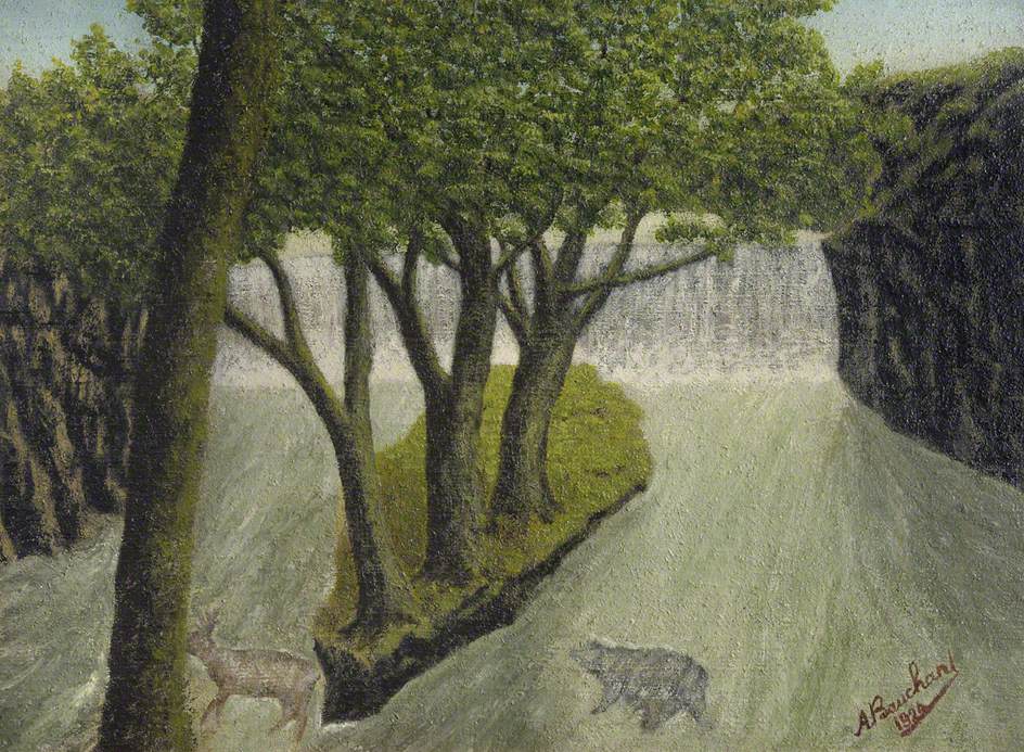 Animals Crossing a Flooded River with a Distant Waterfall (1924) - André Bauchant Tablo