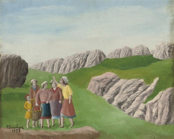 Cinq personnages dans un paysage de montagne (1953) - André Bauchant Tablo