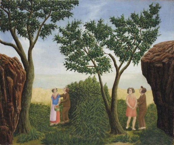 Promenade au bord de la mer (Rencontre des fiancés) (1928) - André Bauchant Tablo