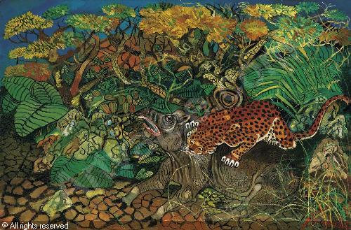 Leopard with tapir - Antonio Ligabue Tablo
