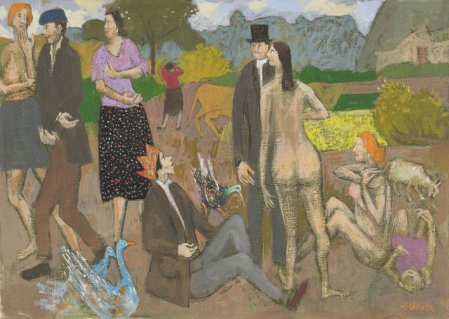 Scene de village aux oiseaux bleus – Grégoire Michonze Tablo