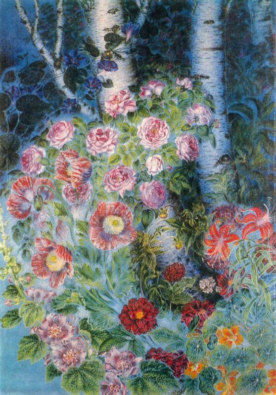 Flowers and birches in the evening (1950) - Kateryna Bilokur Tablo