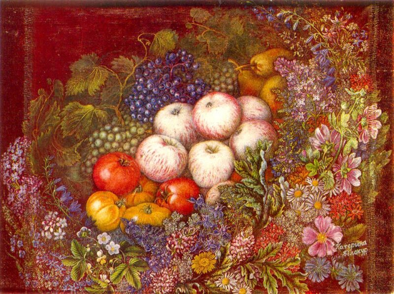 Still life Flowers, apples, tomatoes (1950) - Kateryna Bilokur Tablo