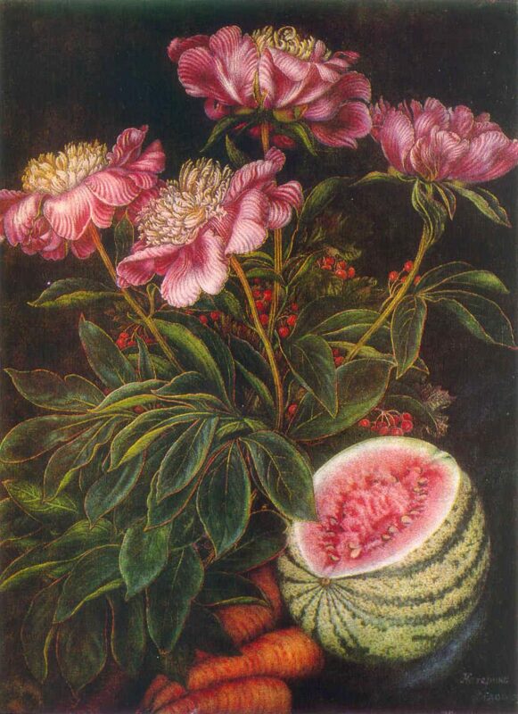 Still life Watermelon, carrots, flowers (1951) - Kateryna Bilokur Tablo
