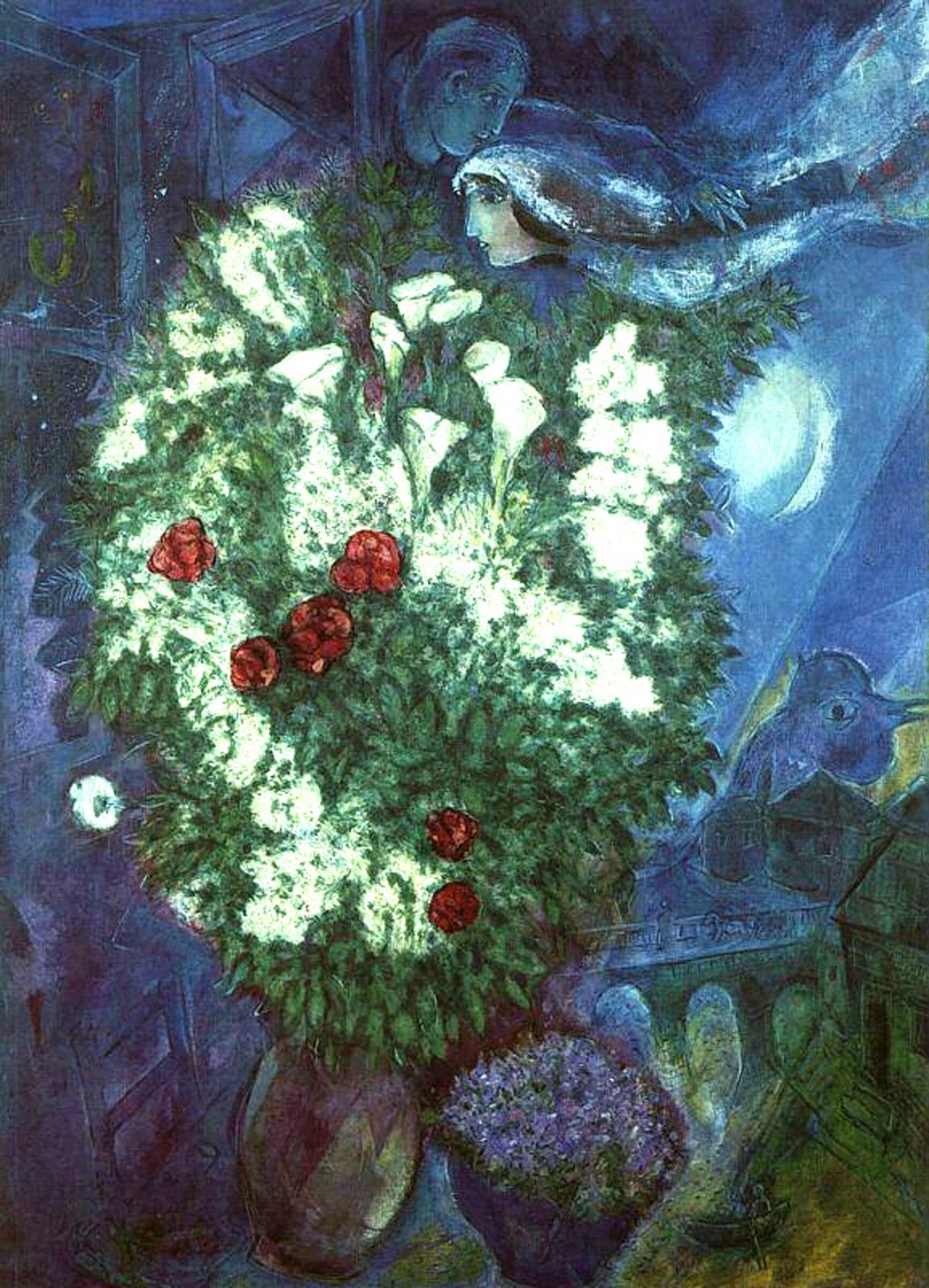 Bouquet with Flying Lovers (1947) - Marc Chagall Tablo