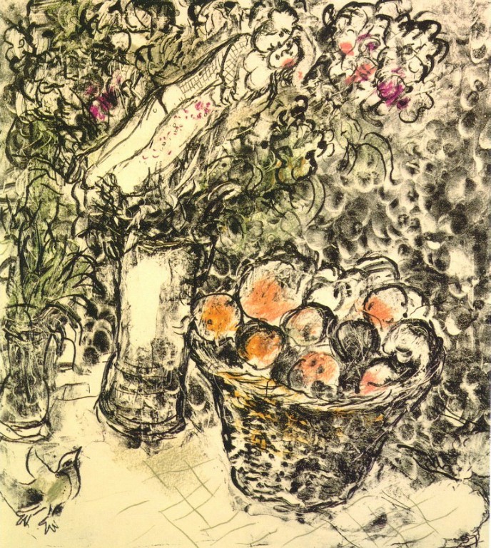 Couple and basket with fruits - Marc Chagall Tablo