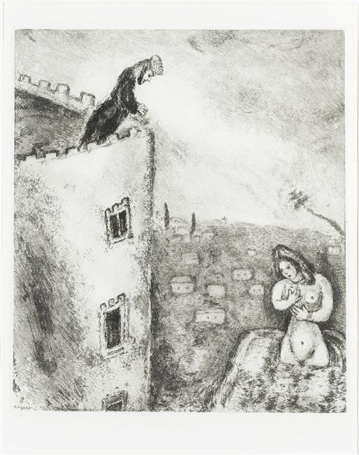 From the terrace of his palace David sees bathing Bathsheba (II Samuel, XI, 2 3) (1956) - Marc Chagall Tablo