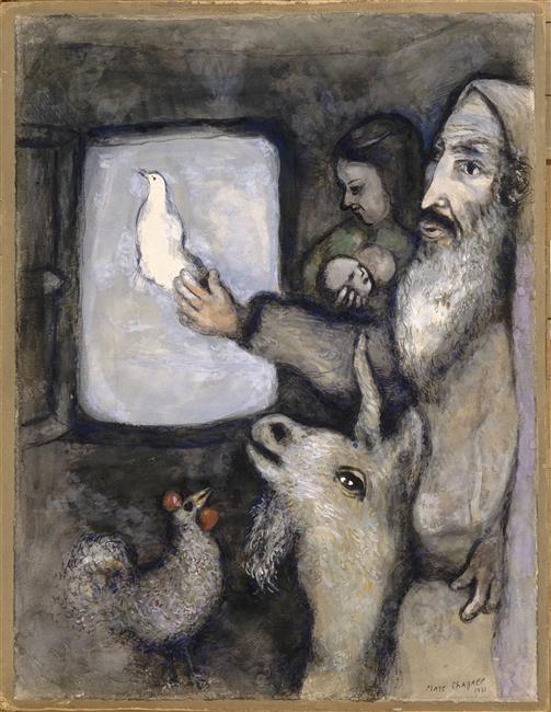 Noah lets go the dove through the window of the Ark (Genesis VIII, 6 9) (1931) - Marc Chagall Tablo
