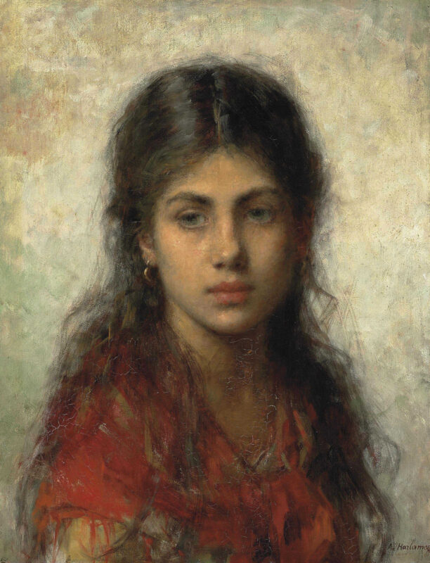 Girl with a red shawl - Alexei Harlamoff Tablo