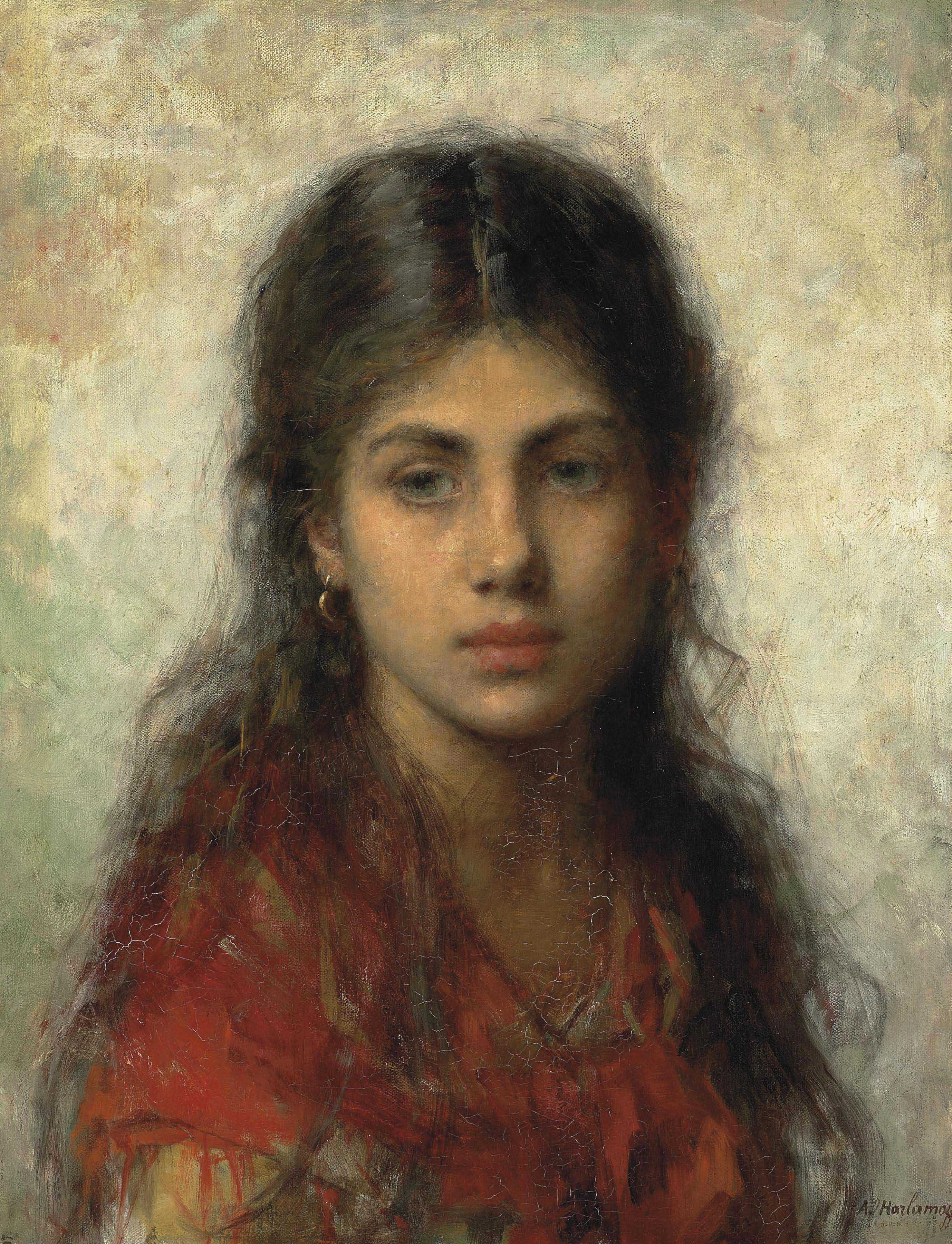 Girl with a red shawl - Alexei Harlamoff Tablo