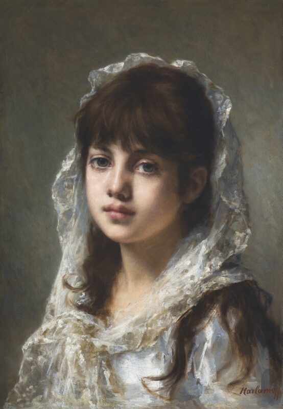 Portrait of ayoung girl wearing a white veil - Alexei Harlamoff Tablo