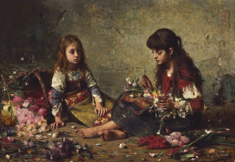 Two girls arranging flowers - Alexei Harlamoff Tablo