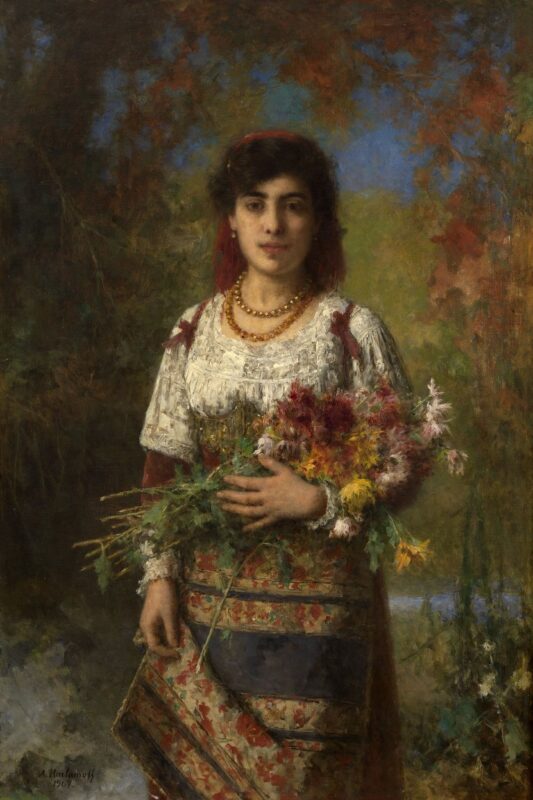 Woman in ciociaro costume with flowers (1907) - Alexei Harlamoff Tablo