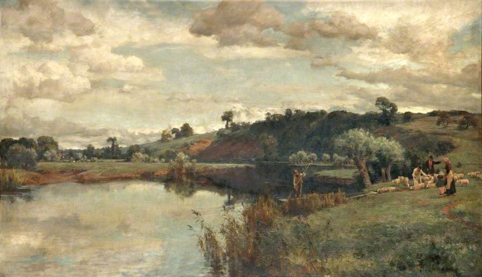 River Scene with a Shepherd and Sheep by a Ferry (1900) - Alfred Parsons Tablo